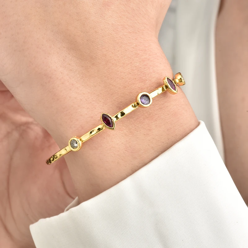 Hammered Gold-Plated Brass Celestial Stone Cuff.