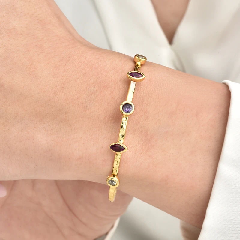 Hammered Gold-Plated Brass Celestial Stone Cuff. Image 2