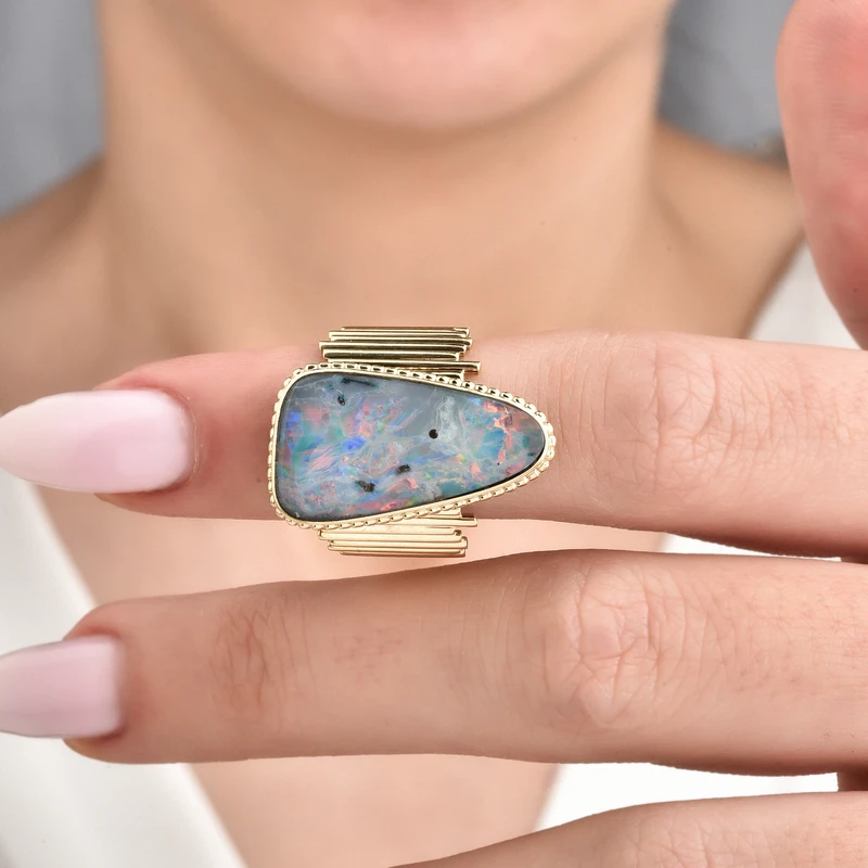 14k Gold Freeform Boulder Opal Statement Ring Image 2