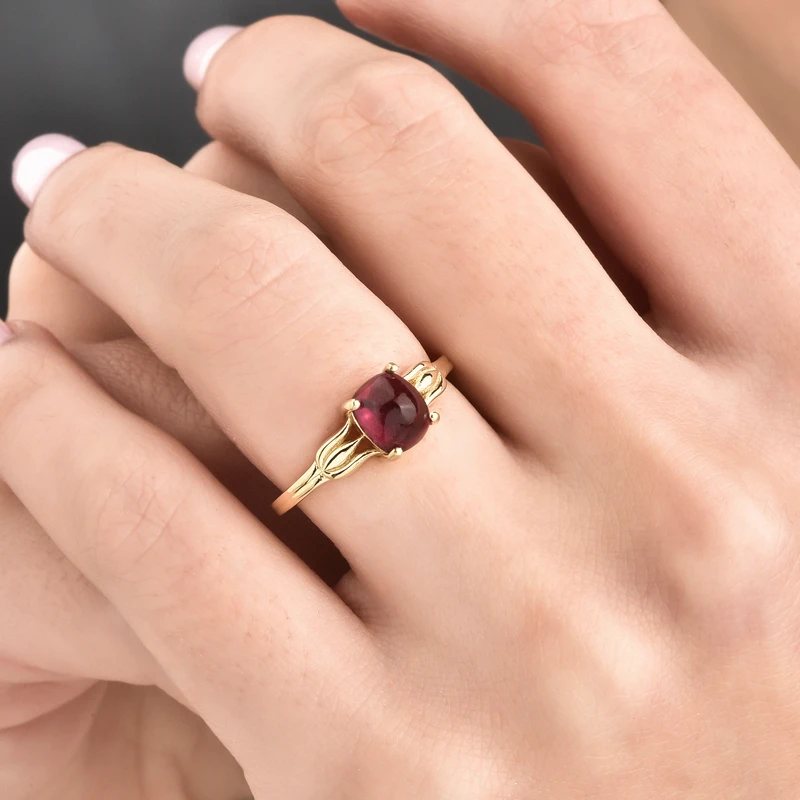 14K Gold Deep Red Cabochon Statement Ring