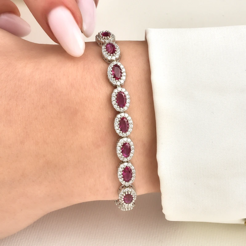 Brilliant Ruby-Tone Silver Halo Link Bracelet Image 2