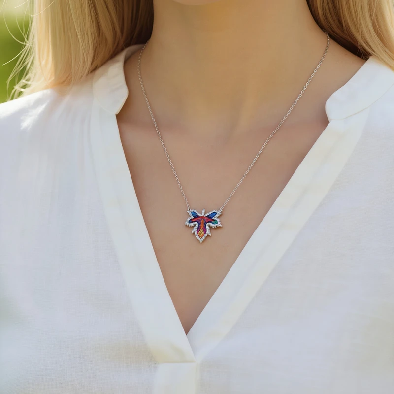 Enamel Leaf Silver Necklace, Image 2