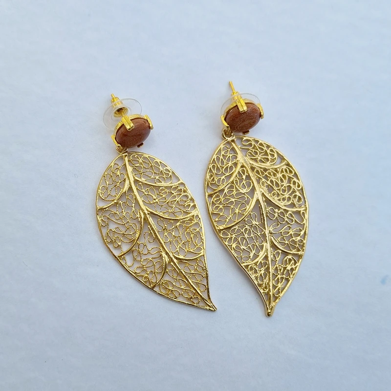 Sun Stone Leaf Dangle Earring Image 2