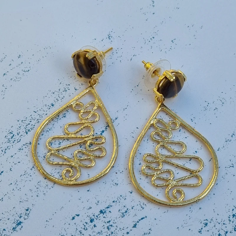 Tiger Eye Drop Wavy Wire Dangle Earring Image 2
