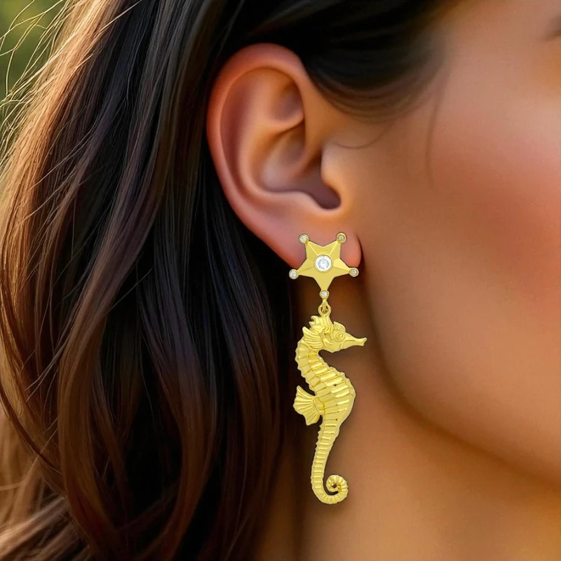 Golden Sea Horse Designer Earring