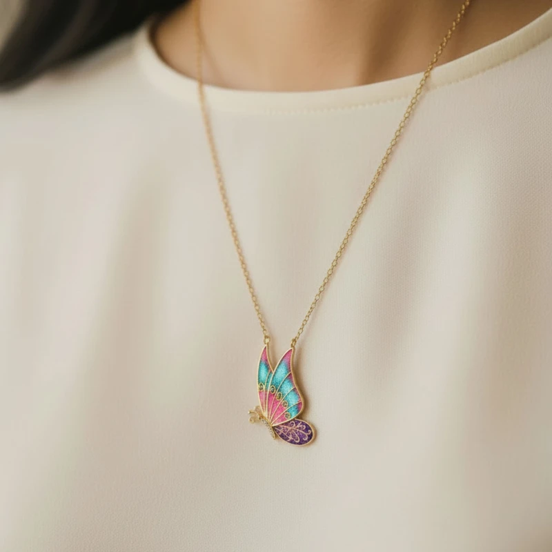 Enamel and Zircon Butterfly Necklace. Image 2