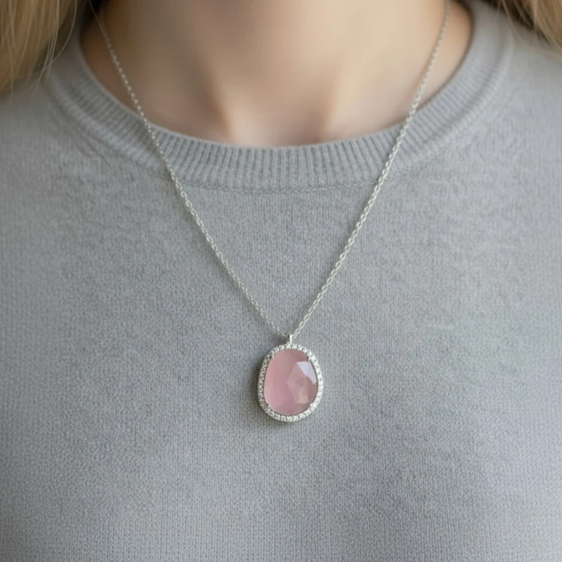 Pink Cat's Eye Quartz Organic Halo Necklace Image 2