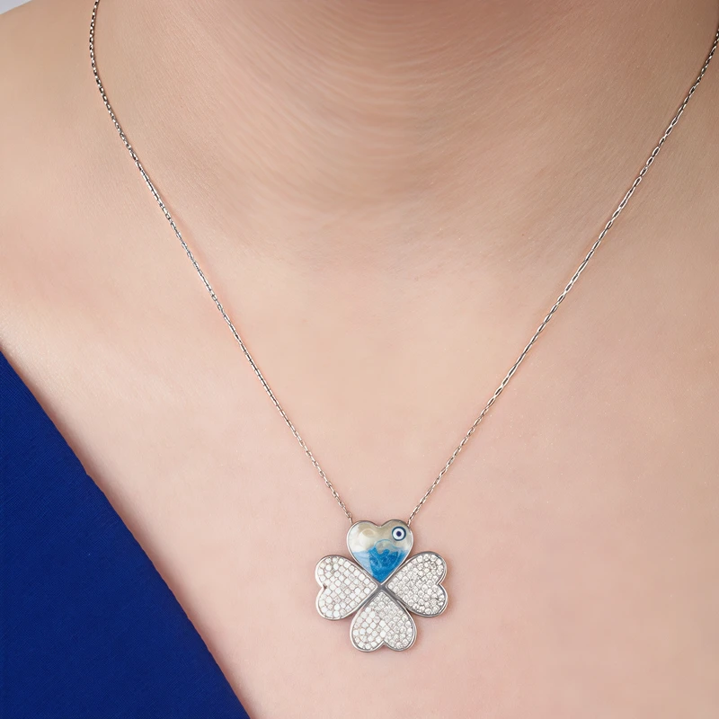 Leaf Clover Heart Pendant Necklace with Evil Eye Image 2